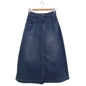 Nwt COMCOCA Blue Denim Maxi Skirt A-Line High Waist Back Slit Medium Wash Size M